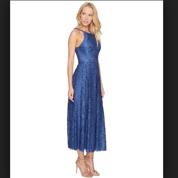 Eva Franco Jane Lace Midi Dress in Blue Keyhole Back - Picture 3 of 4